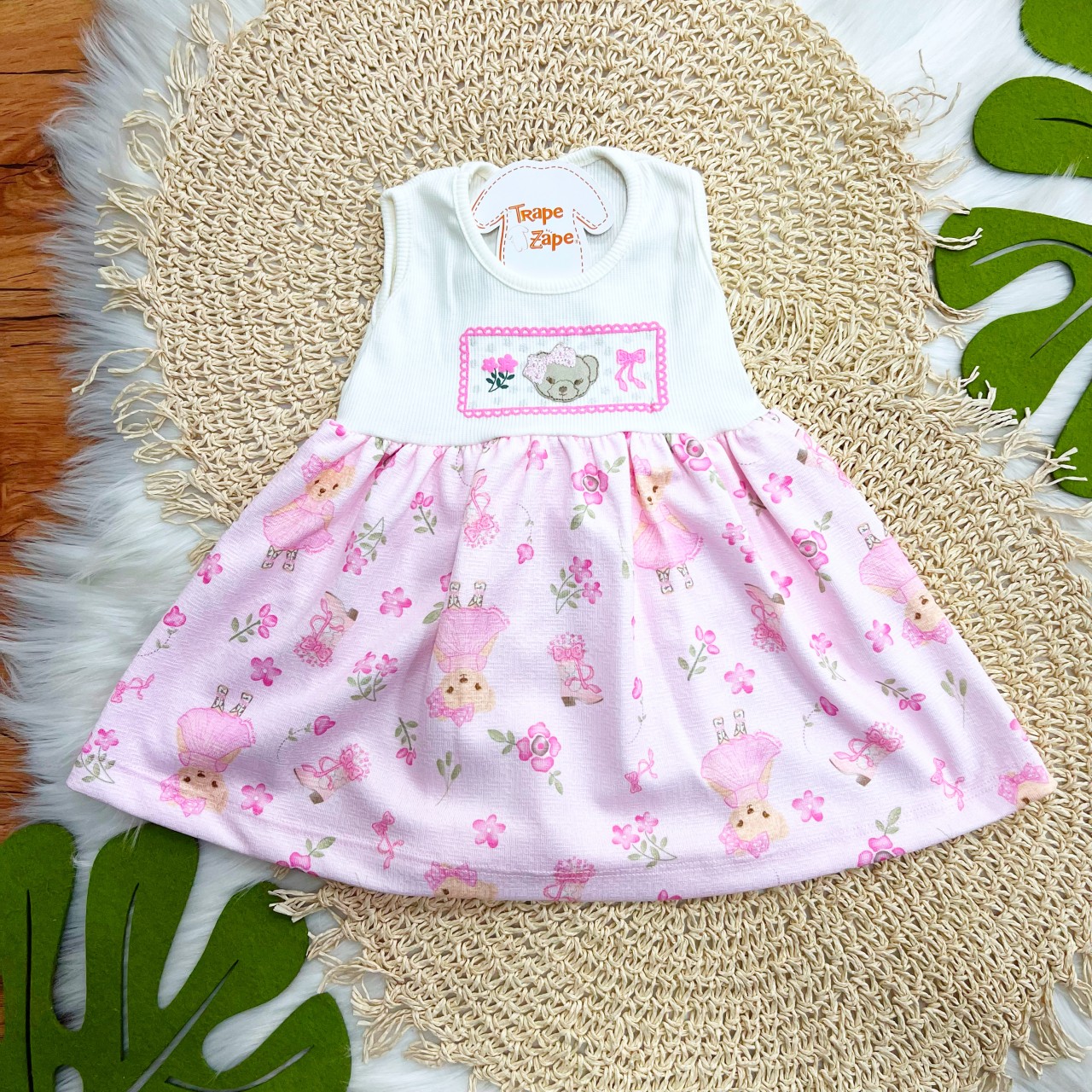 Vestido Ribana Ursinhas - Off White e Rosa
